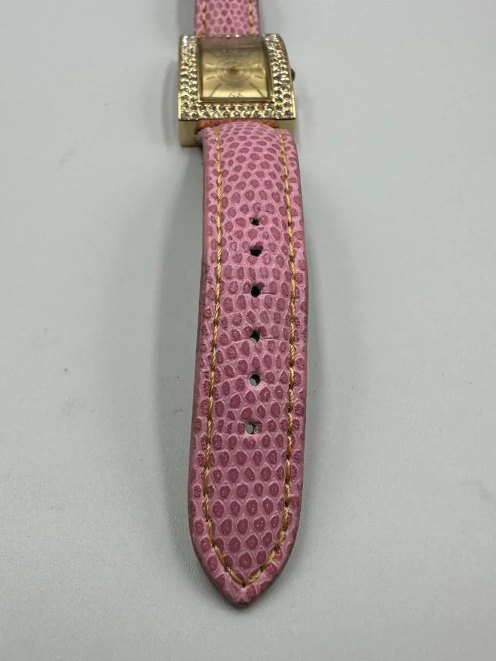 3/$30 Strada Watch Women Gold Tone Pink Faux Band Crystal Bling Bezel 9”